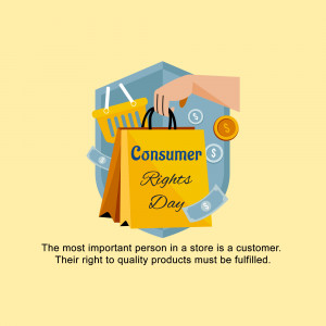 Illustration depicting consumer rights with a hand putting money into a shopping bag inside a shield.