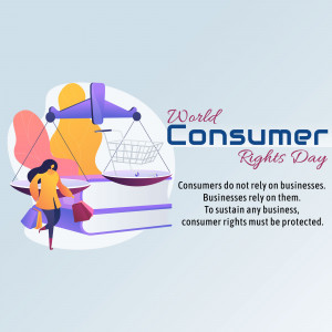 Illustration depicting a woman walking with shopping bags and a scale balancing a shopping cart, representing consumer rights.