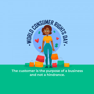 Illustration of a woman with shopping bags surrounded by hearts and dollar signs, celebrating World Consumer Rights Day.