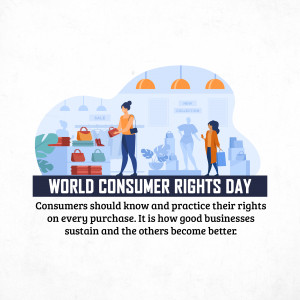 Illustration depicting people shopping in a store with text 'World Consumer Rights Day'