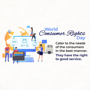 Illustration depicting World Consumer Rights Day with people interacting with technology and shopping.