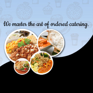 Collage of various catered food dishes including rice, curry, and desserts.