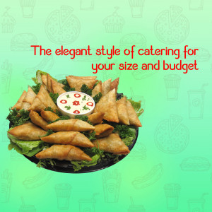 Assortment of savory pastries with dipping sauce, catering advertisement