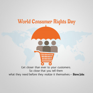 World Consumer Rights Day graphic with an umbrella, shopping cart, and world map.