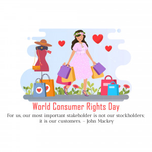 Illustration depicting a woman shopping with shopping bags and a mannequin, celebrating World Consumer Rights Day.