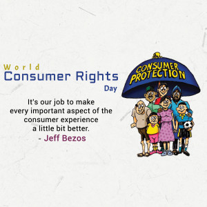 Illustration depicting a diverse group of people under an umbrella labeled 'Consumer Protection' with a quote by Jeff Bezos.