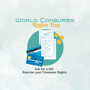 World Consumer Rights Day graphic with receipt, credit cards, and coins.