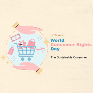Illustration of hands holding a globe with shopping items inside, celebrating World Consumer Rights Day.