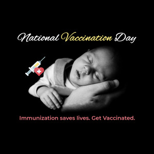 Image depicting a baby sleeping in a parent's arms with a syringe, promoting National Vaccination Day.