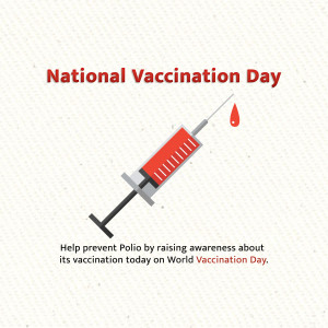 Illustration of a syringe with a drop of blood, promoting National Vaccination Day and Polio prevention.