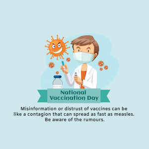 Illustration of a doctor administering a vaccine with a coronavirus in the background.