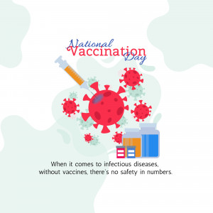 Image promoting National Vaccination Day with a syringe, virus cells, and vaccine bottles.
