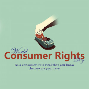 Illustration depicting a hand using a credit card on a POS terminal with text 'World Consumer Rights Day'
