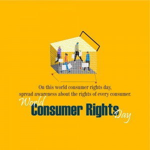 Illustration depicting people inside a cube with text celebrating World Consumer Rights Day.