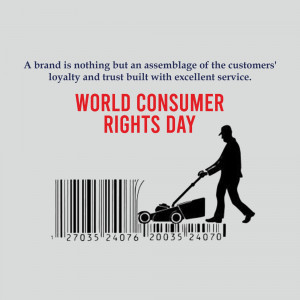 Image depicting World Consumer Rights Day with a man mowing a barcode lawn.