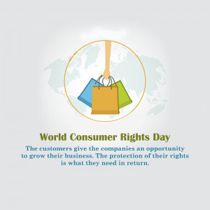 Illustration for World Consumer Rights Day with shopping bags and a world map background.