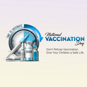 National Vaccination Day poster with syringe, vaccine vials, and clock.