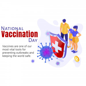 Illustration promoting National Vaccination Day with a family and a shield against a virus.