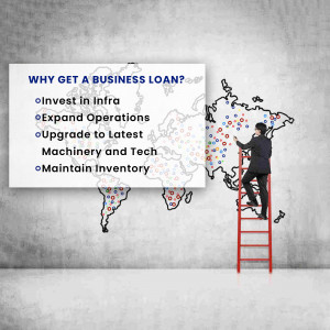 Man climbing a ladder towards a map with business loan benefits highlighted.