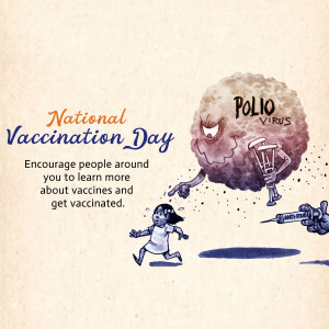 Illustration depicting a child running away from a menacing Polio virus character being chased by a syringe, promoting National Vaccination Day.