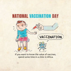 Illustration of a child receiving a vaccination with a depiction of disease germs being defeated.