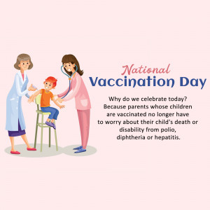 Illustration of a doctor vaccinating a child with a nurse present, promoting National Vaccination Day.