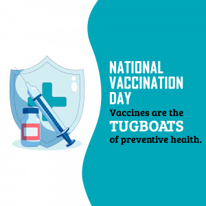 Image promoting National Vaccination Day with a shield, syringe, and vaccine bottle.