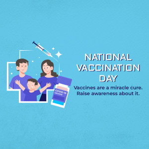 Illustration promoting National Vaccination Day with a family and vaccine imagery.