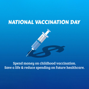 Image promoting National Vaccination Day with a syringe and dollar sign.