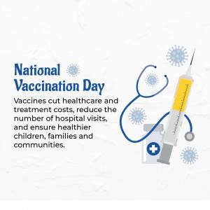 National Vaccination Day graphic with syringe, stethoscope, and virus illustrations.