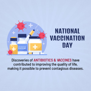 Illustration promoting National Vaccination Day with vaccine, virus, and antibiotic bottles.