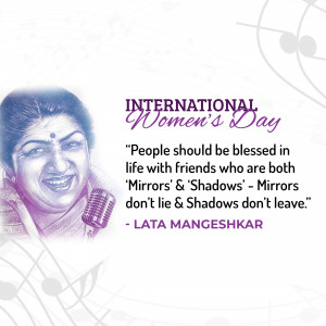 Portrait of Lata Mangeshkar with a quote for International Women's Day
