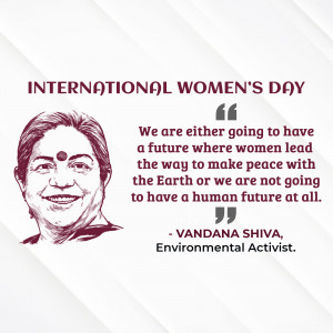 Image featuring Vandana Shiva with a quote about women's leadership for International Women's Day.