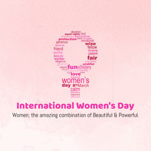 International Women's Day graphic with words forming a heart shape and text celebrating women.