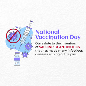 Illustration depicting a syringe, virus, and pills with text celebrating National Vaccination Day and honoring the inventors of vaccines and antibiotics.
