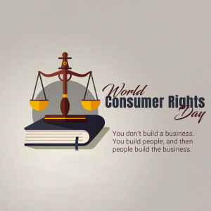 Illustration depicting scales of justice and a book with text for World Consumer Rights Day