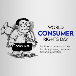 Cartoon illustration for World Consumer Rights Day depicting a burdened consumer.