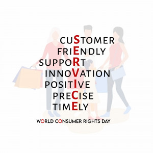 Illustration depicting customer support and consumer rights with people and keywords.