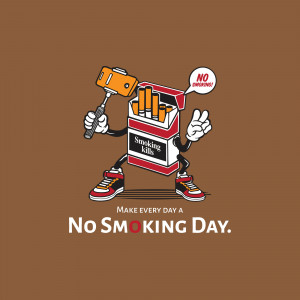 Cartoon illustration of a cigarette pack with a hand holding a hammer, striking through cigarettes, promoting No Smoking Day.