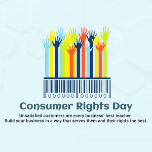 Illustration depicting raised hands in various colors forming barcode shapes with the text 'Consumer Rights Day'.