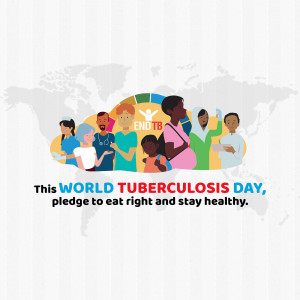 Illustration promoting World Tuberculosis Day with diverse people and a world map.