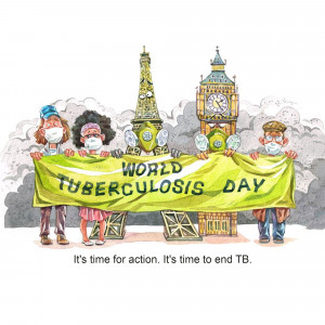 Illustration of diverse people holding a banner for World Tuberculosis Day with landmarks in the background.