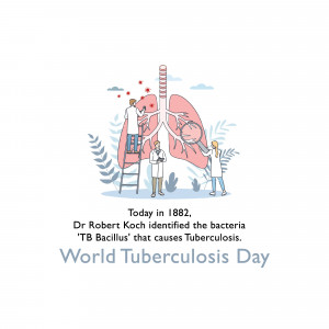 Illustration depicting lungs with medical professionals and a historical note about the discovery of the Tuberculosis bacteria.