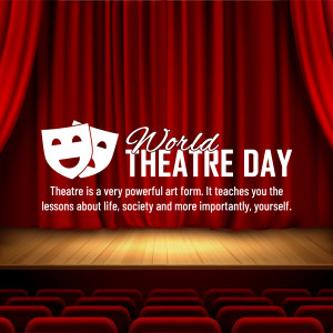 Red stage curtains with theatre masks and World Theatre Day text