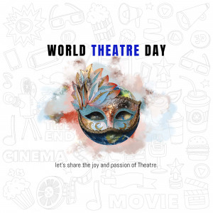 Watercolor illustration celebrating World Theatre Day with a Venetian mask and theatre-related doodles.