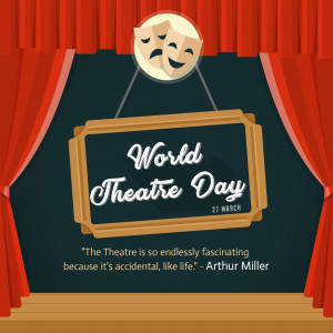 Illustration of theatre masks and a chalkboard with 'World Theatre Day' text.