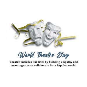 Two theatre masks with a ribbon and the text 'World Theatre Day'