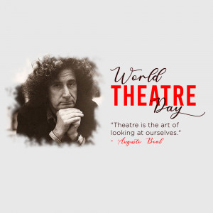 Image commemorating World Theatre Day featuring a portrait of August Strindberg and a quote.