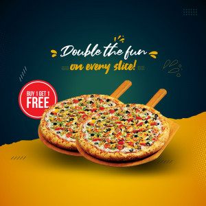 Two pizzas with toppings on wooden paddles with a Buy One Get One Free promotion.