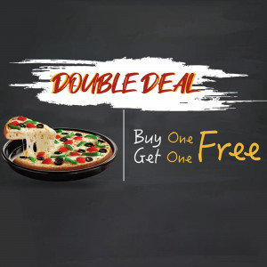 Pizza with cheese pull and text 'Double Deal - Buy One Get One Free'